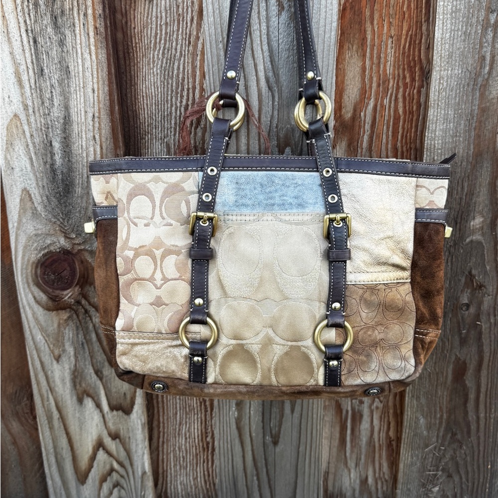 COACH Brown & Gold Patchwork Shopper Tote Bag Purse FO6Q-10388 Y2K Vintage